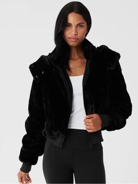 ALO Yoga Black Cropped Faux-Fur Hooded Jacket